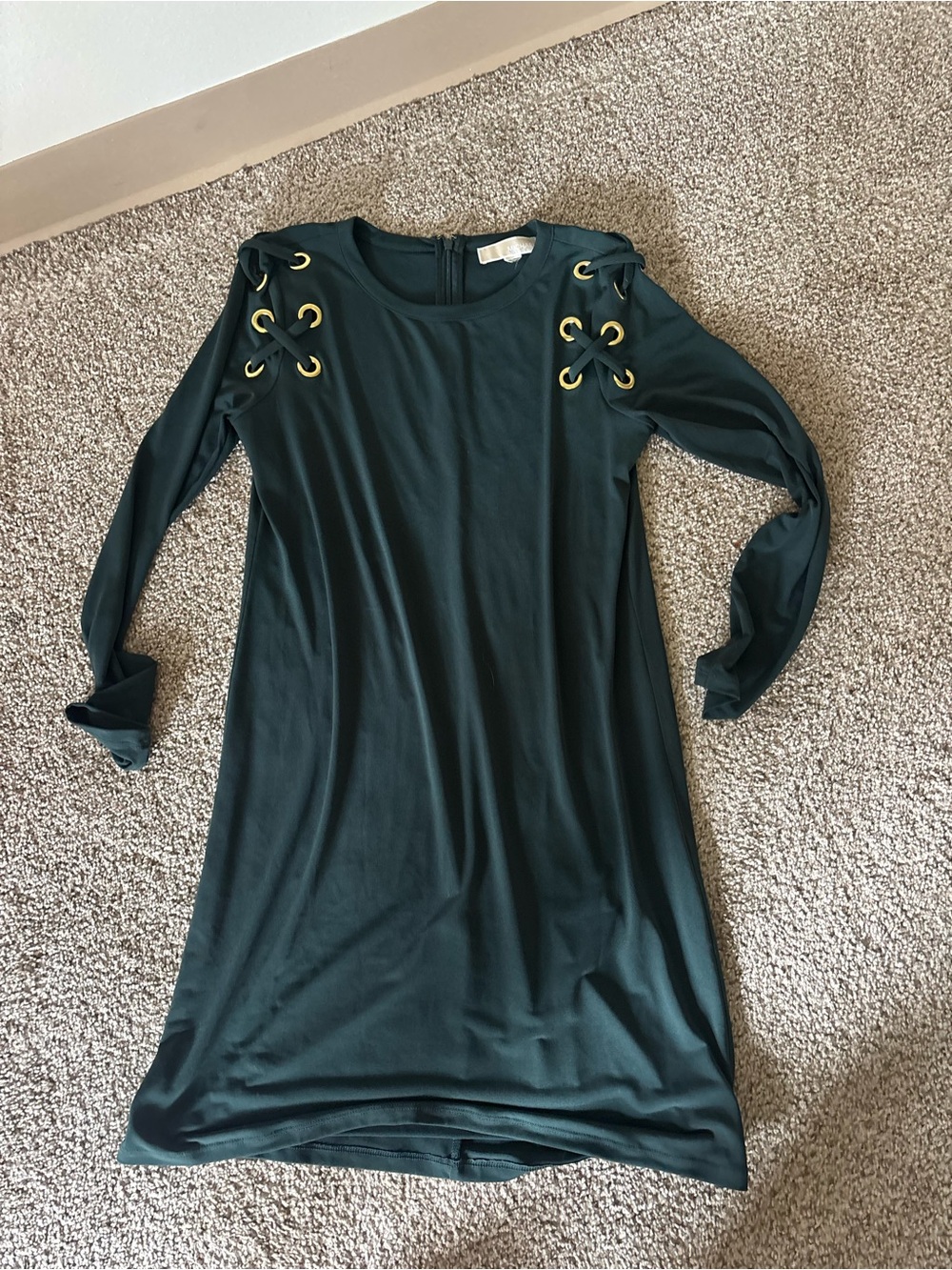 Michael Kors Dark Green Long Sleeve Lace-Up Shoulder Dress